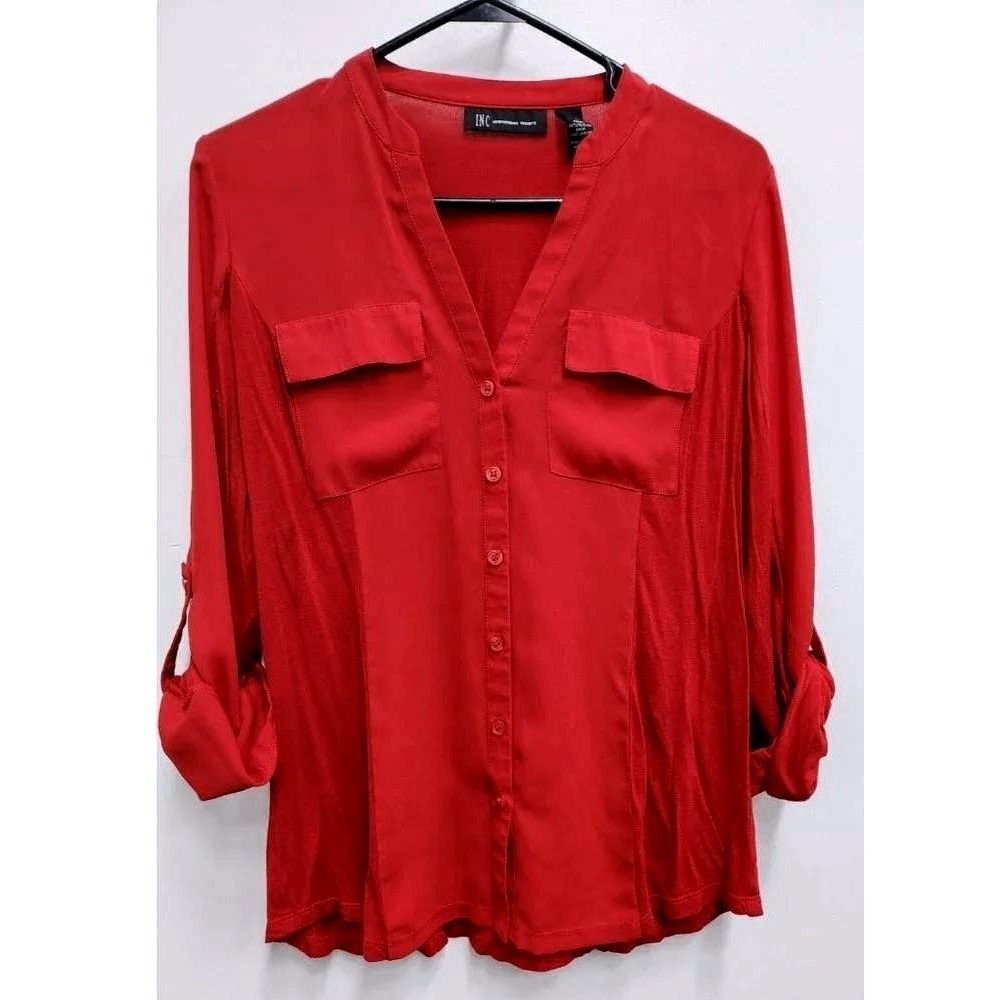 INC International Concepts Blouse Top Womens Medium Red Tab Sleeve Carrier